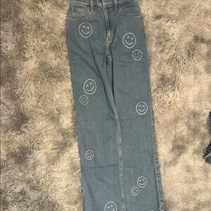 Women's Blue Jeans with Smiley Face Design